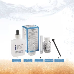 Kit de prueba para medir la dureza del agua con botella de solución tituladora, botella de mezcla, tubo de medición y reactivo rosa.